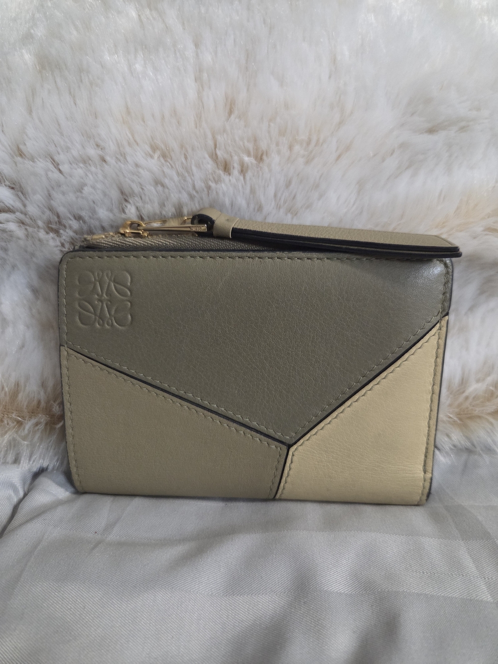 Loewe Small Puzzle Leather Wallet in Olive & Beige